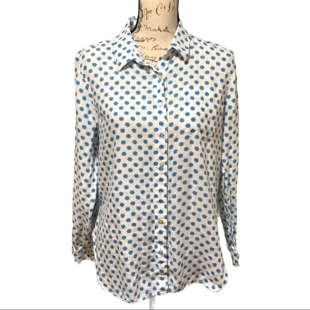 L.L. Bean 100% Washable Linen Floral Button Down Shirt size Petite Medium